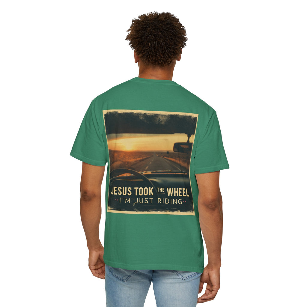 Jesus Took the Wheel I'm Just Riding T-shirt – Funny Christian Convertible Car T-shirt for Surrendered Faith & Humor Printify