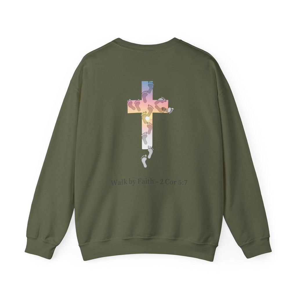 Walk by Faith Sweatshirt – Cross & Footprints Christian Sweatshirt for Cozy Inspiration Printify