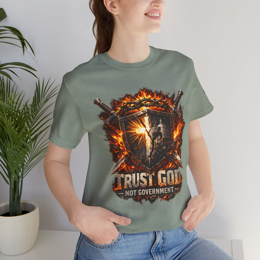 Trust God Not Government Shield Tee — Patriotic Christian Faith T-Shirt Printify