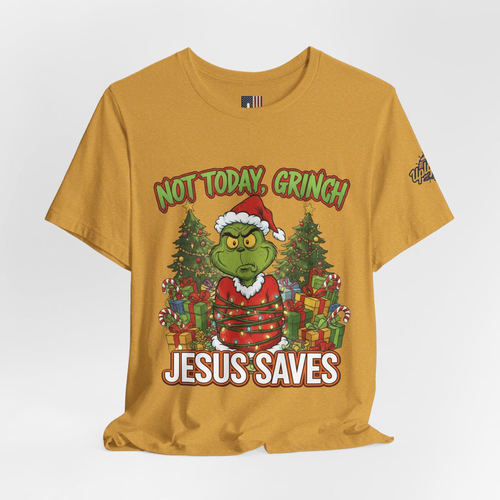 🎄 Not Today, Grinch – Jesus Saves | Funny Christian Christmas T-Shirt | Sulking Grinch & Glowing Cross | Bold Neon Faith Tee by Uplifted Gear Printify