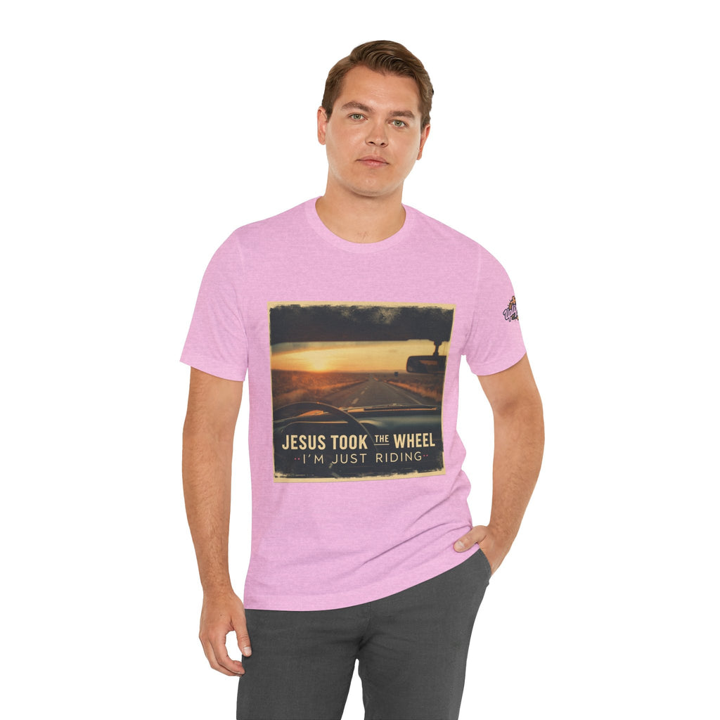 Jesus Took the Wheel I'm Just Riding T-shirt – Funny Christian Convertible Car T-shirt for Surrendered Faith & Humor Printify