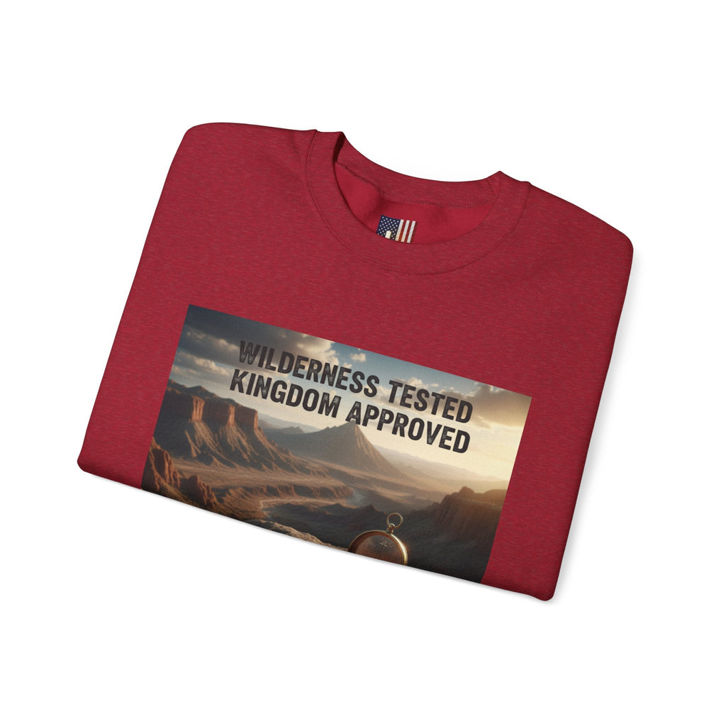 Wilderness Tested Kingdom Approved Sweatshirt – Mountain Desert Compass Crown Christian Sweatshirt for Biblical Adventure Faith Printify
