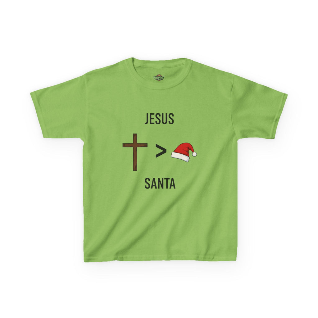 🎄 Jesus > Santa – Minimalist Christian Christmas Kids T-Shirt | Bold Faith Over Holiday Tee | Cross vs Santa Hat Design | Uplifted Gear Printify