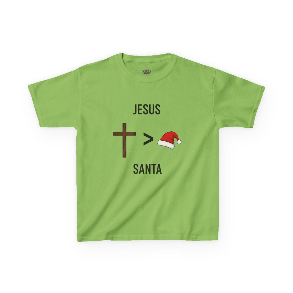 🎄 Jesus > Santa – Minimalist Christian Christmas Kids T-Shirt | Bold Faith Over Holiday Tee | Cross vs Santa Hat Design | Uplifted Gear Printify