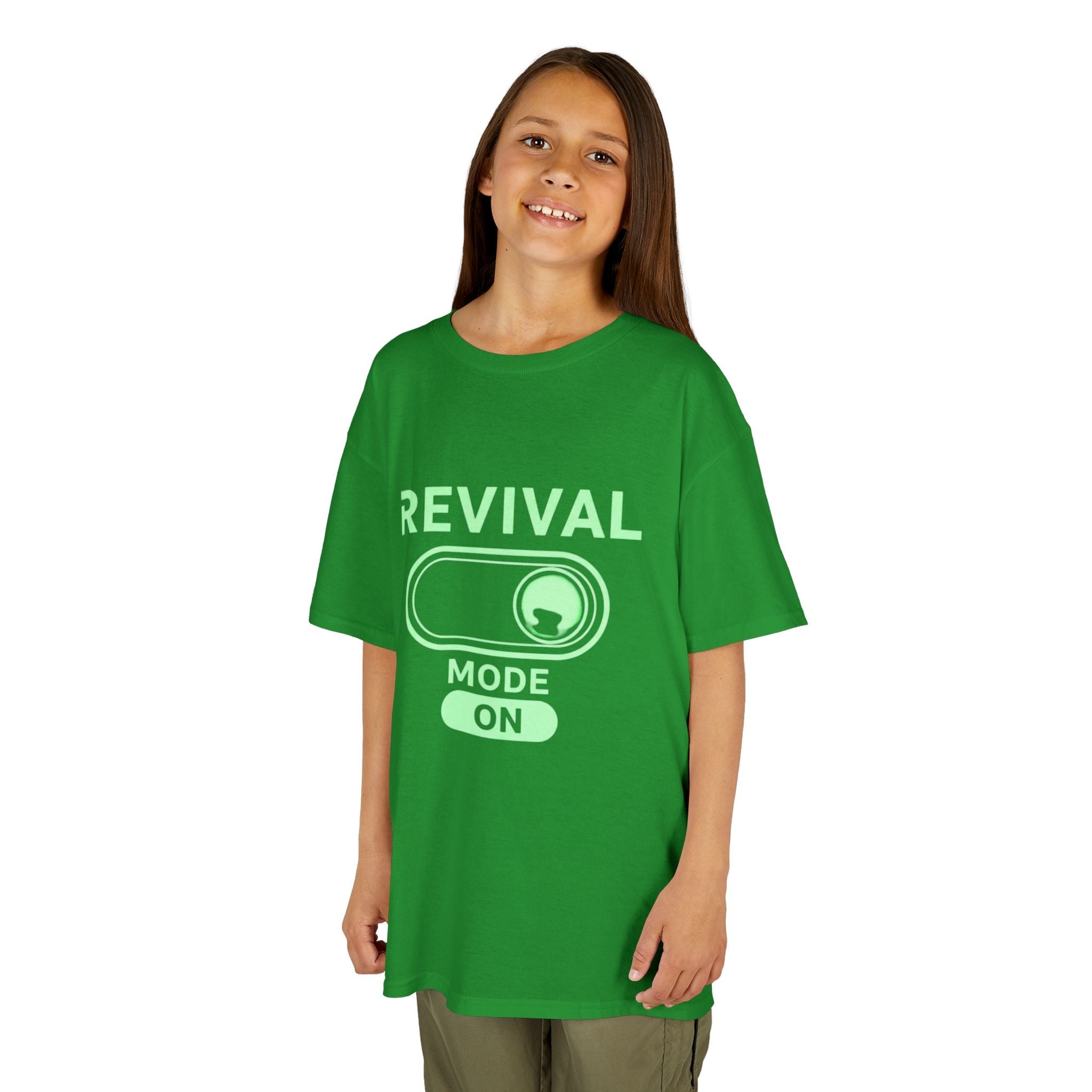🔥 Revival Mode: ON – Christian Techwear Kids T-Shirt | Glowing Green Faith Switch | Futuristic Jesus Shirt | Activate Your Spiritual Awakening | Uplifted Gear Printify