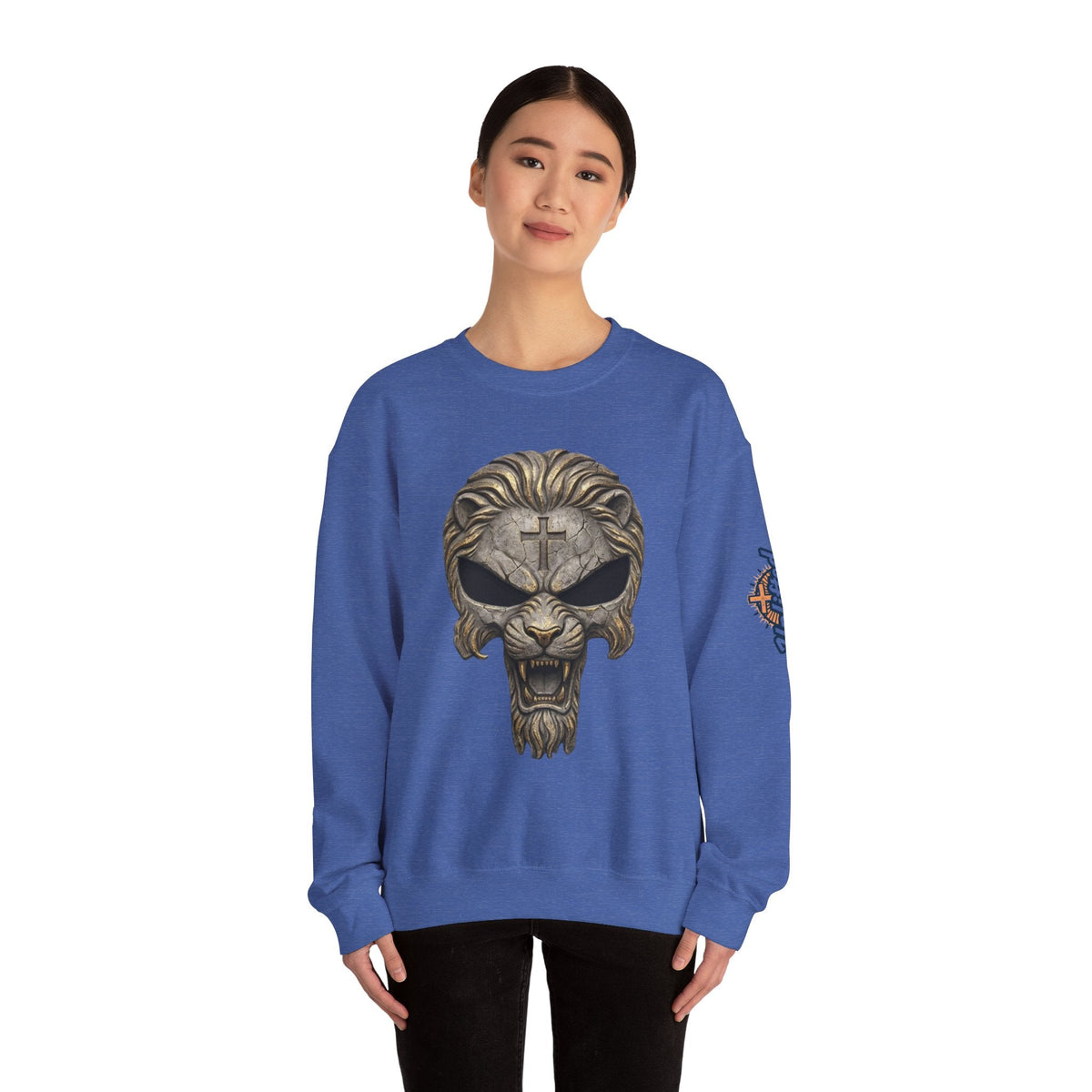 Lion of Judah Skull Christian Sweatshirt - Warrior Faith Cross Sweatshirt Printify