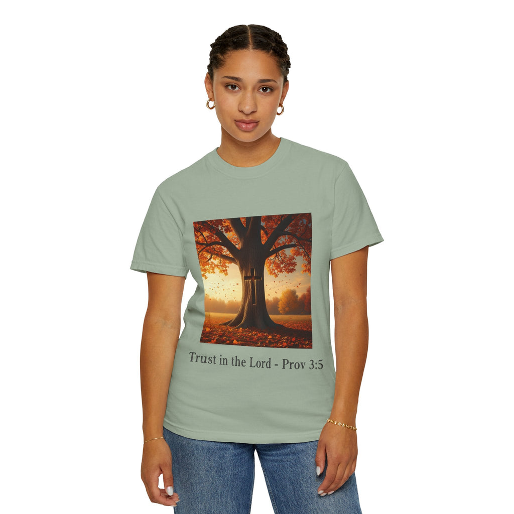 Trust in the Lord T-Shirt – Autumn Tree Christian Tee with Proverbs 3:5 Printify