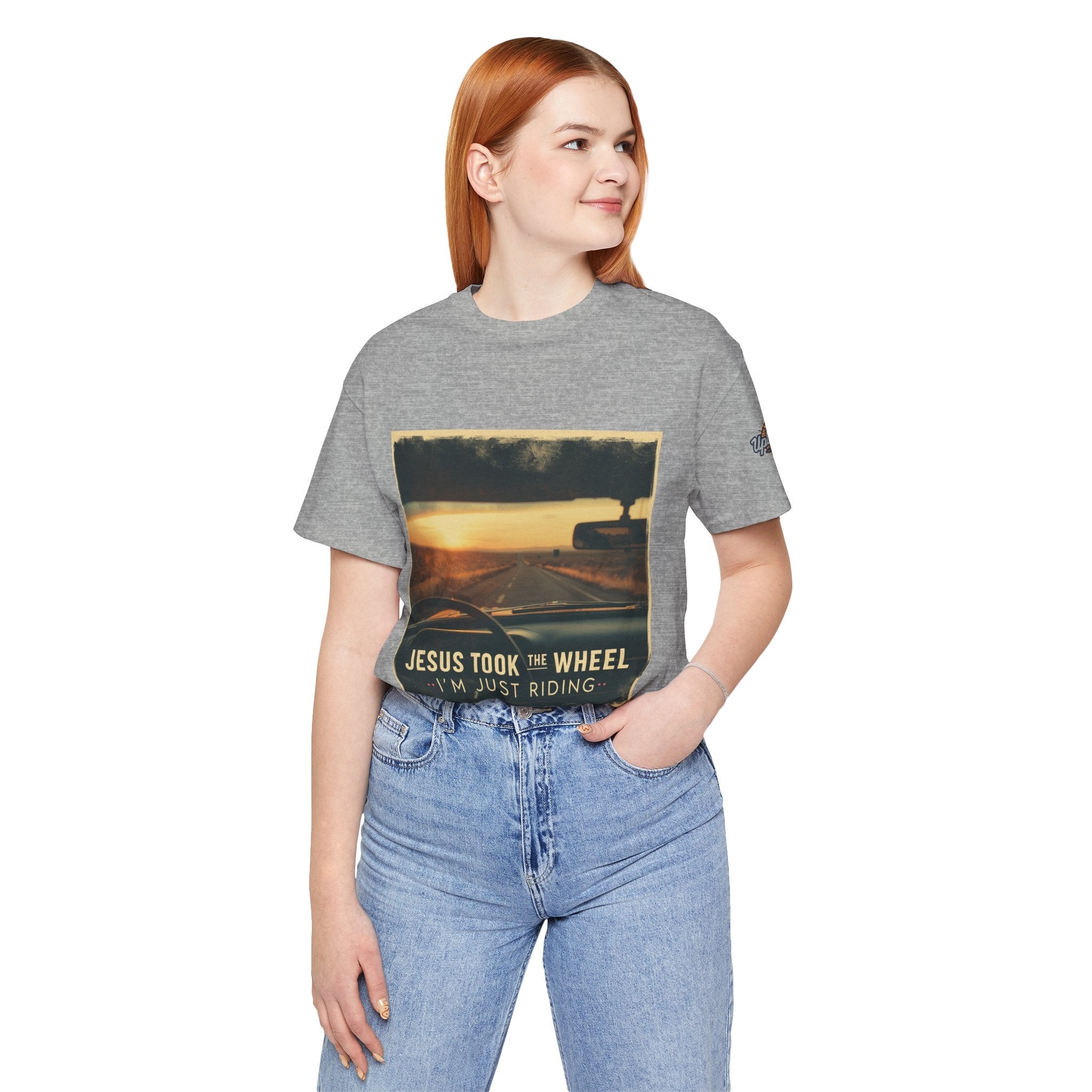 Jesus Took the Wheel I'm Just Riding T-shirt – Funny Christian Convertible Car T-shirt for Surrendered Faith & Humor Printify