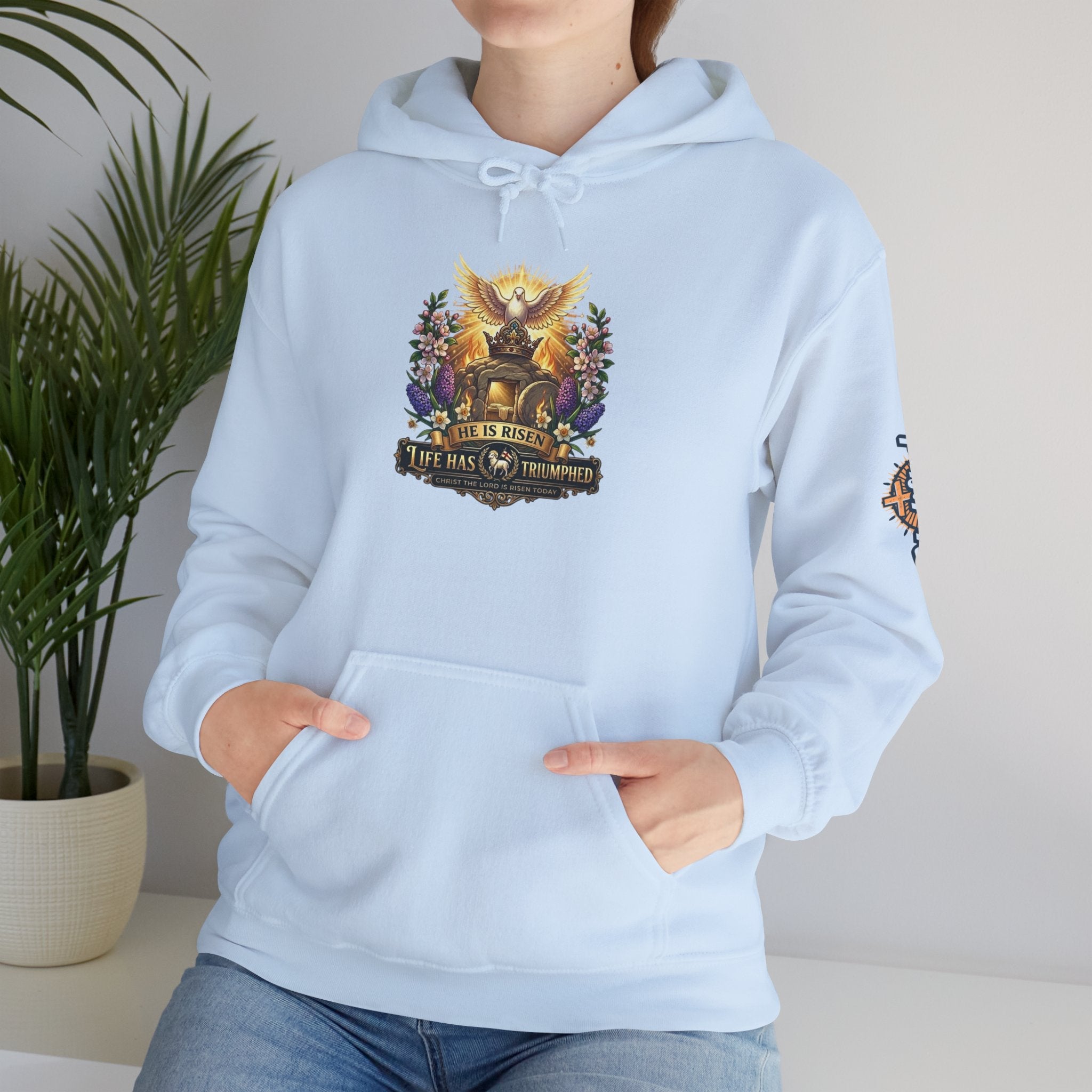 He Is Risen "Life Has Triumphed" Hoodie — Easter Resurrection Christian Hoodie Printify