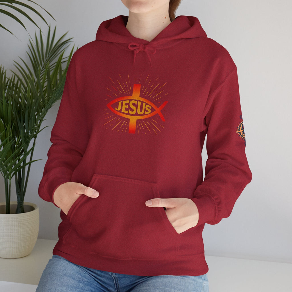 Jesus Ichthys Hoodie – Christian Fish Symbol with Cross & Jesus Inscription Sweatshirt for Eternal Faith & Streetwear Printify