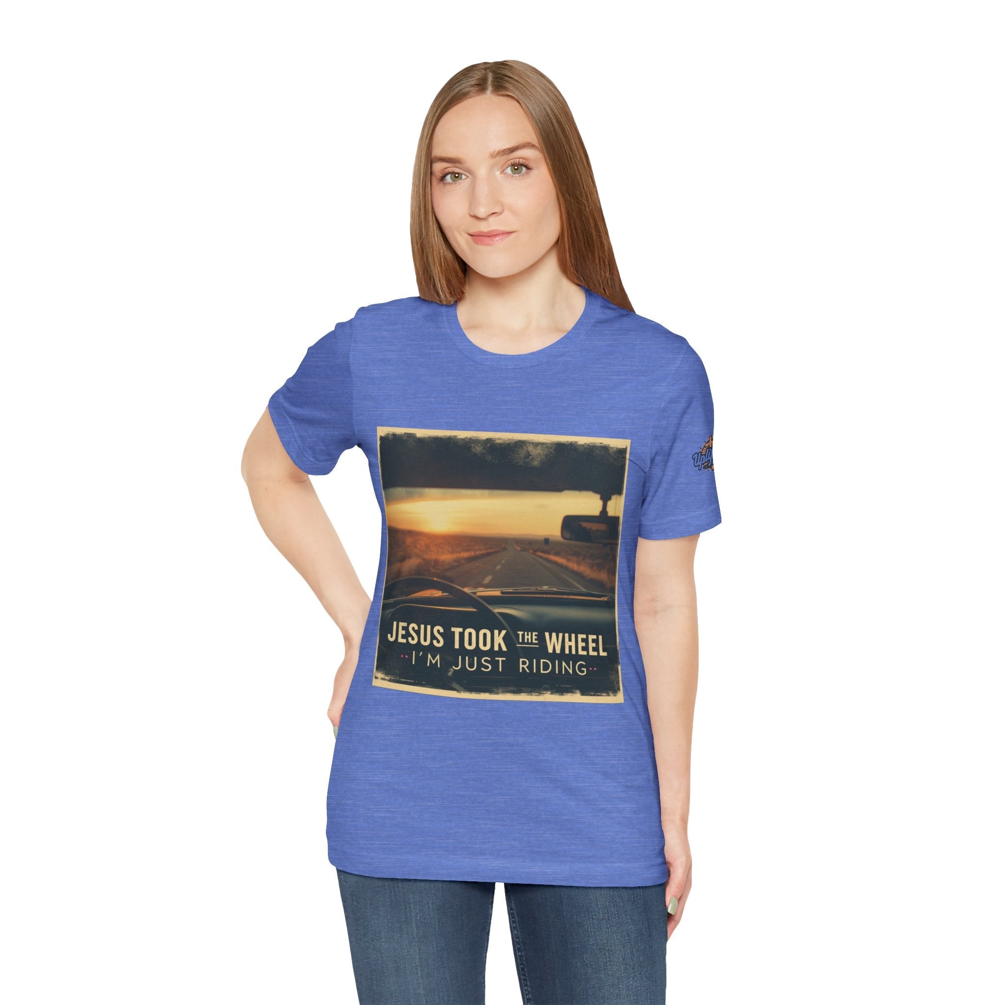 Jesus Took the Wheel I'm Just Riding T-shirt – Funny Christian Convertible Car T-shirt for Surrendered Faith & Humor Printify
