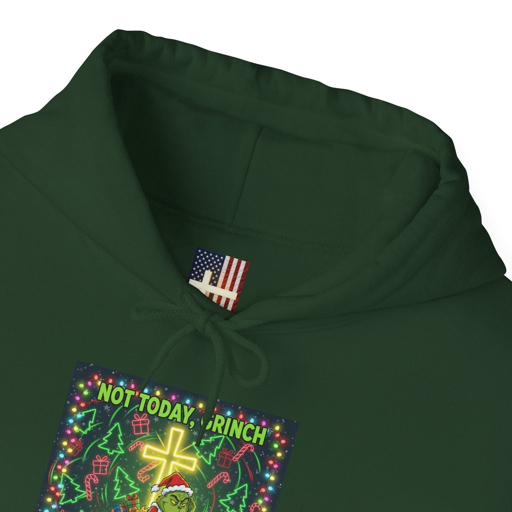 🎄 Not Today, Grinch – Jesus Saves | Funny Christian Christmas Hoodie | Festive Green & Red Cartoon Style | Bold Faith Holiday Tee by Uplifted Gear Printify