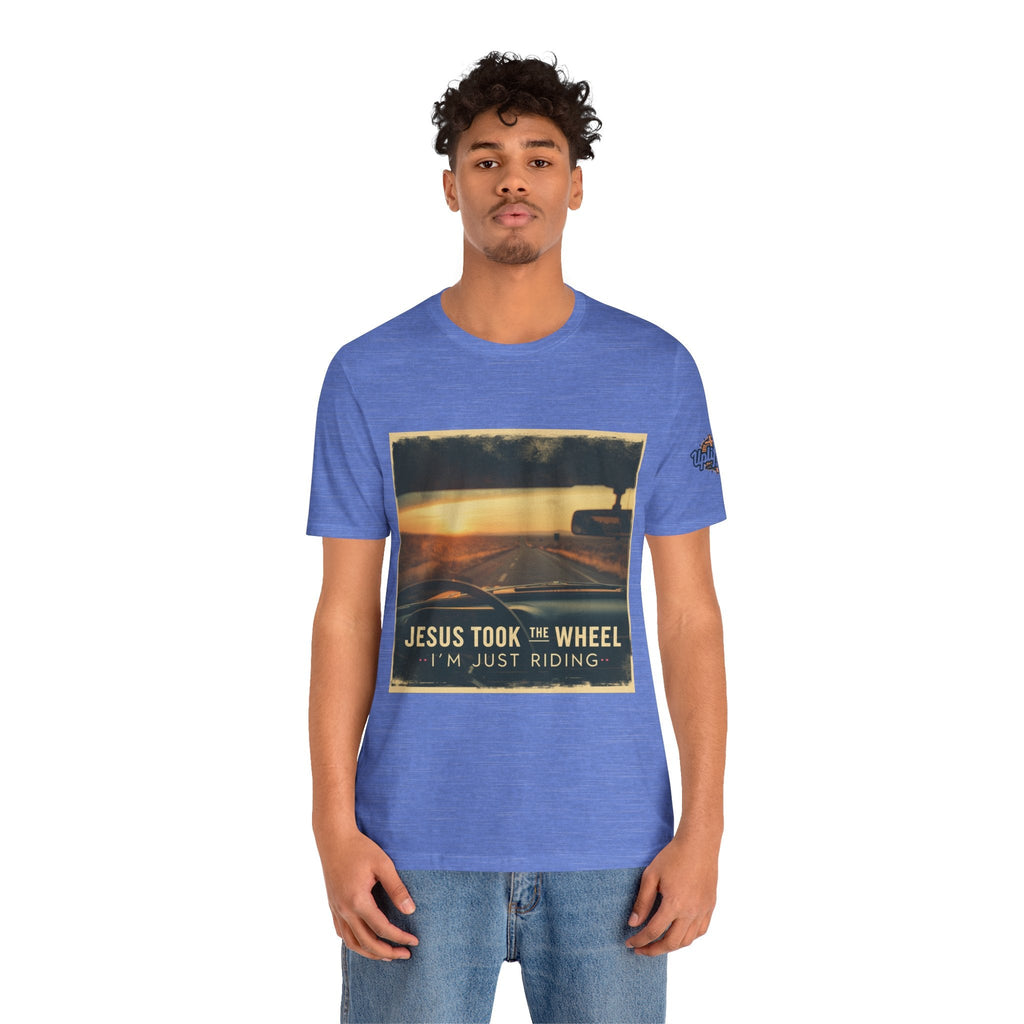 Jesus Took the Wheel I'm Just Riding T-shirt – Funny Christian Convertible Car T-shirt for Surrendered Faith & Humor Printify