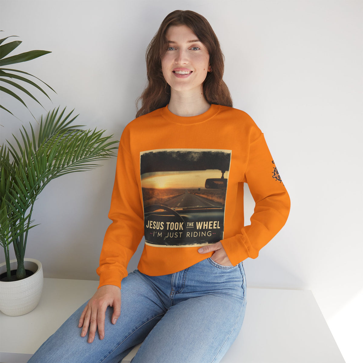 Jesus Took the Wheel I'm Just Riding Sweatshirt – Funny Christian Convertible Car Sweatshirt for Surrendered Faith & Humor