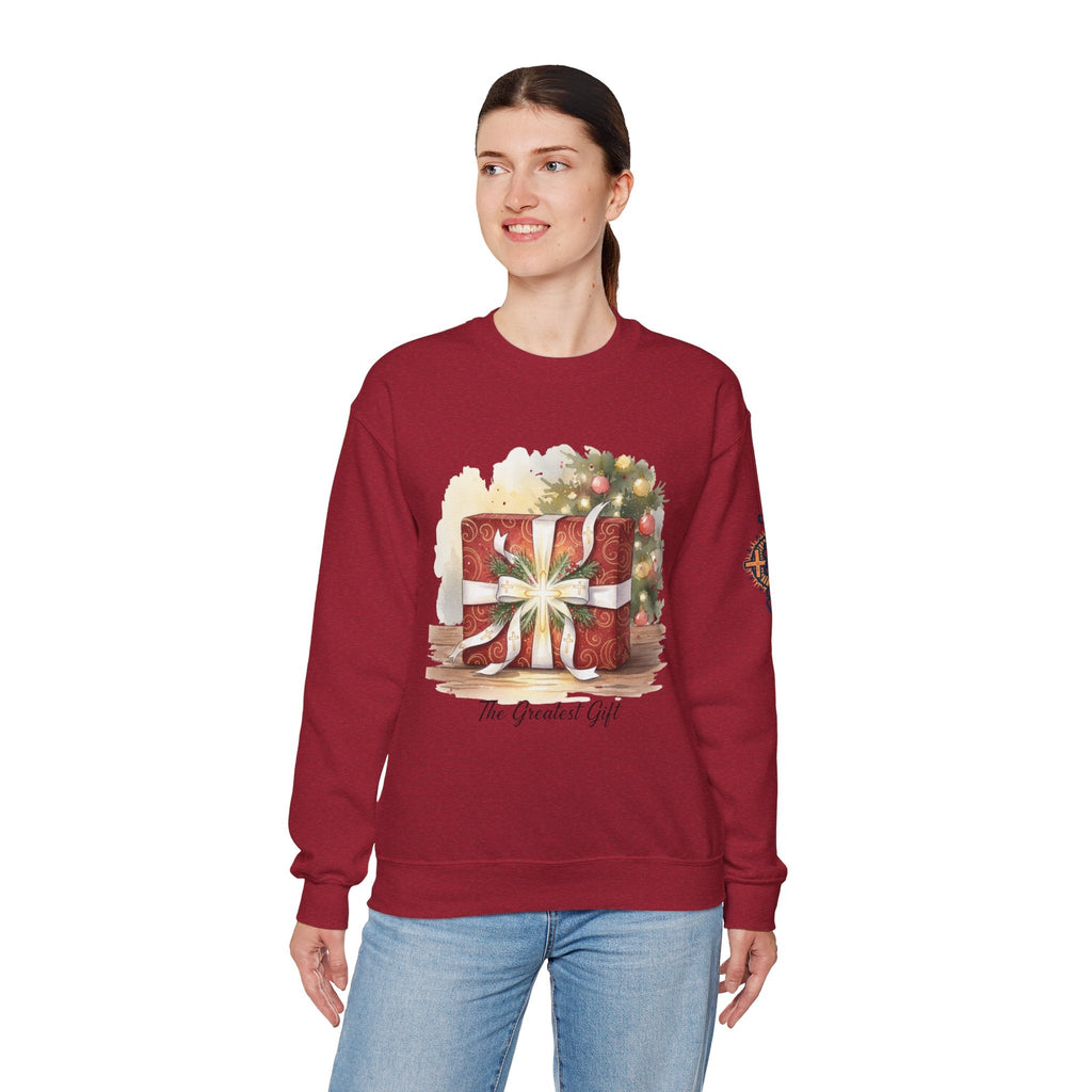 The Greatest Gift Sweatshirt – Cross Bow Present Christian Sweatshirt for Christmas Salvation & Eternal Faith Printify