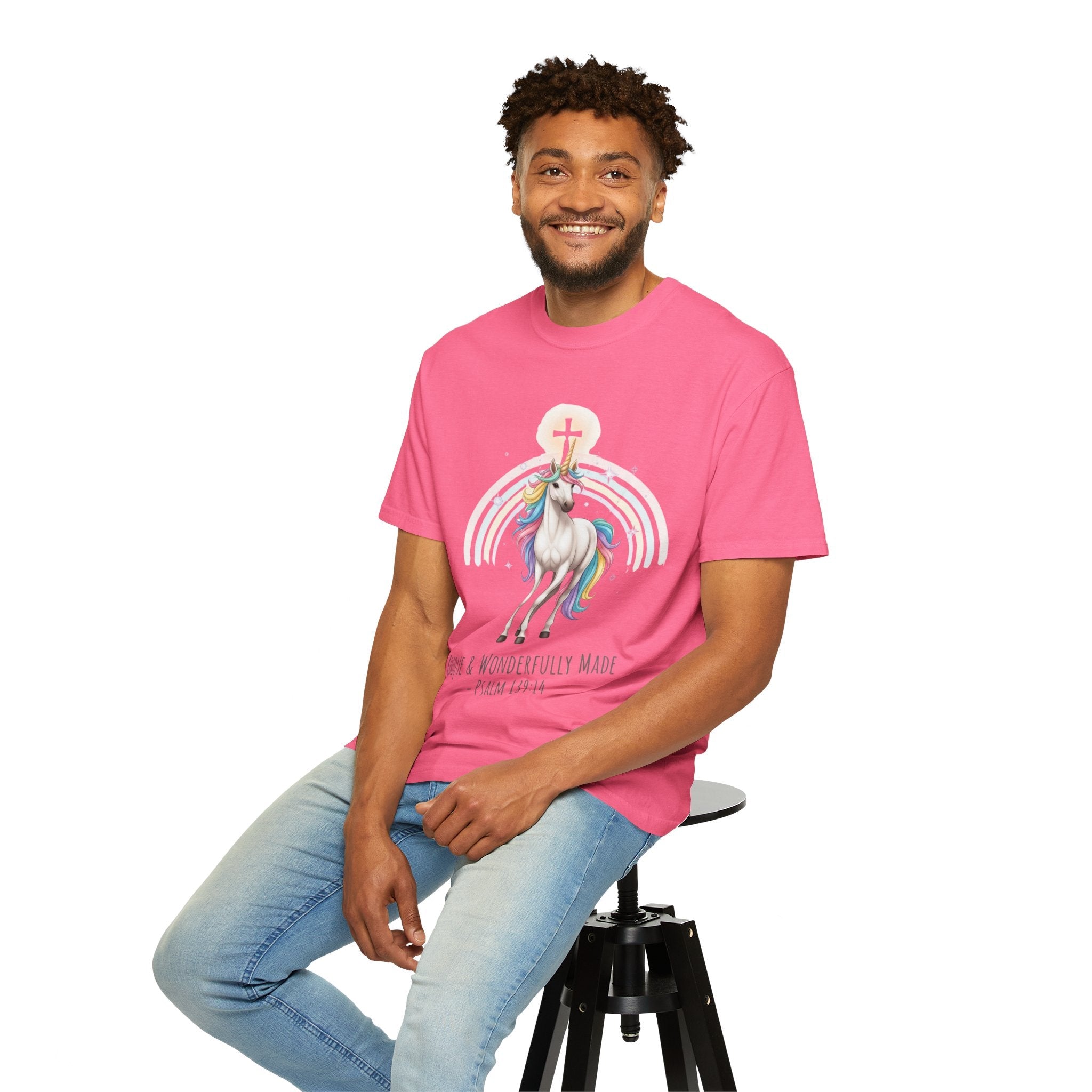 Unique Unicorn Christian T-Shirt – Wonderfully Made with Rainbow Cross & Psalm 139:14 Printify