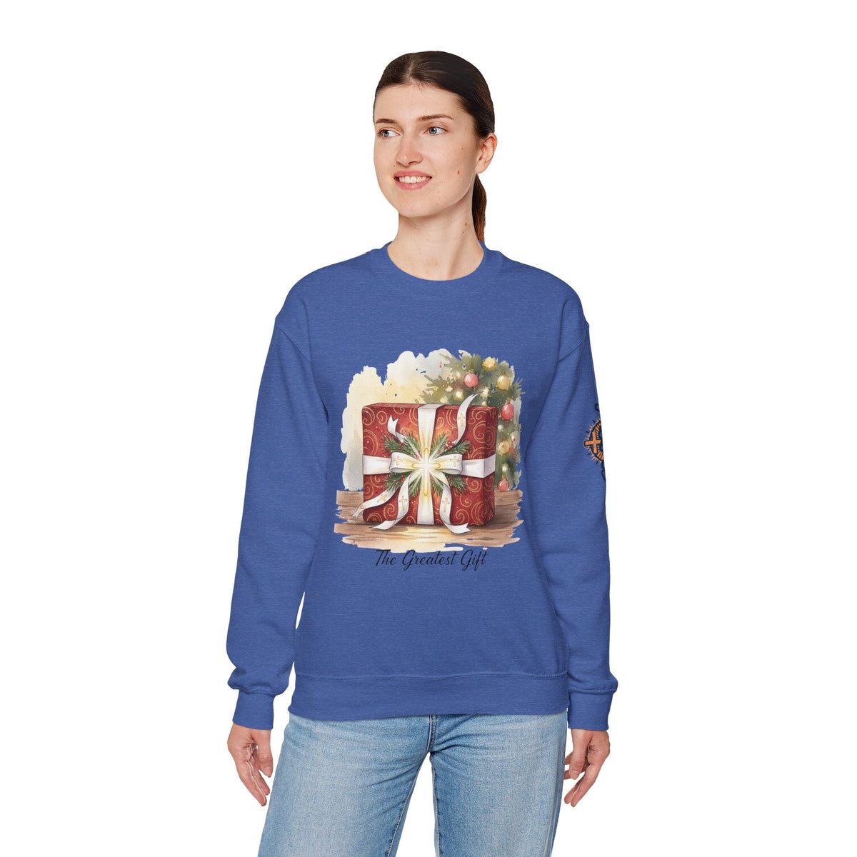 The Greatest Gift Sweatshirt – Cross Bow Present Christian Sweatshirt for Christmas Salvation & Eternal Faith Printify