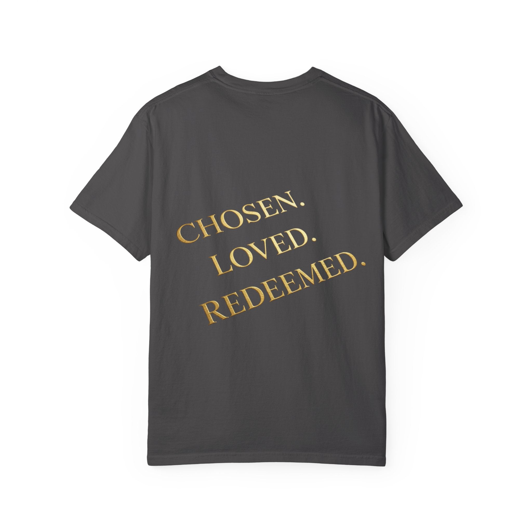 ✨ Chosen. Loved. Redeemed. – Elegant Christian T-Shirt | Gold Foil Faith Tee | Subtle Cross & Heart Design | Inspirational Bible Verse Apparel by Uplifted Gear Printify