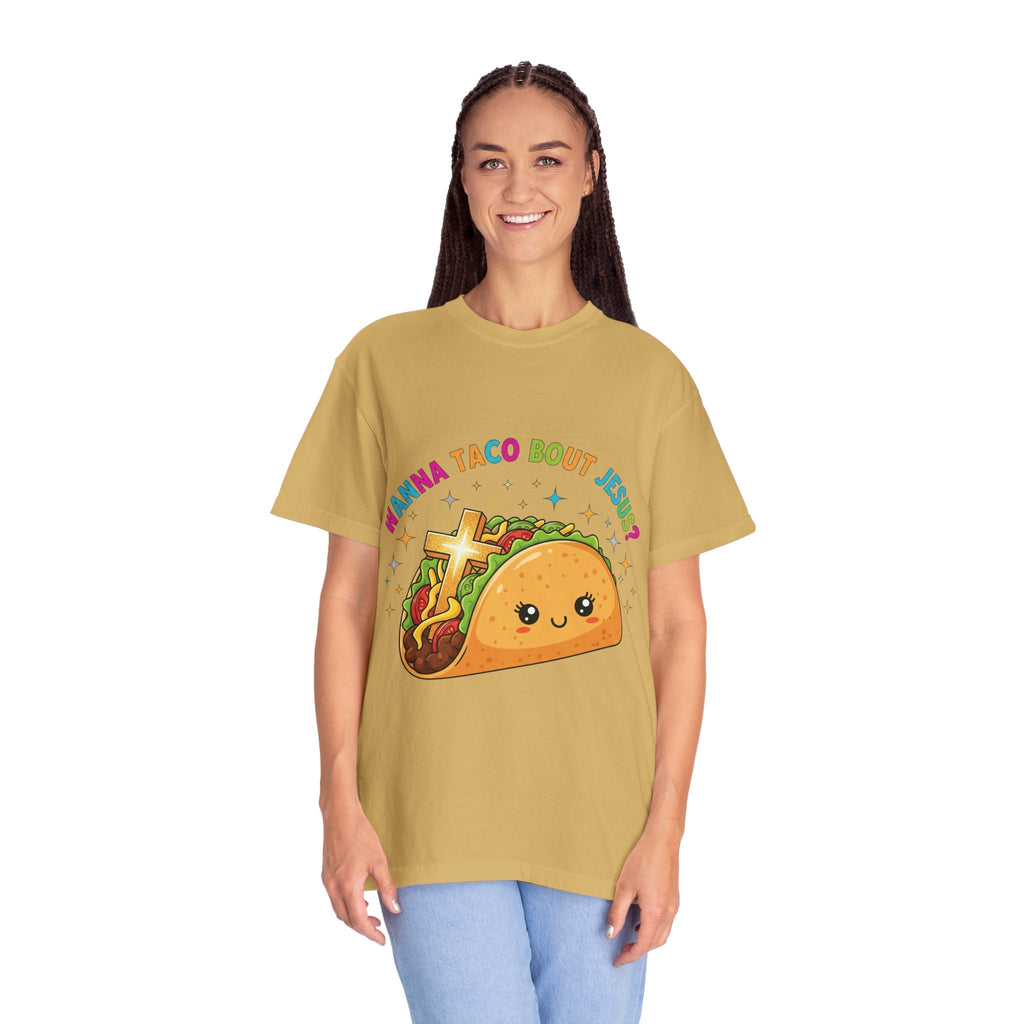 Wanna Taco 'Bout Jesus? Funny Christian Pun T-Shirt – Lettuce Pray & Share Faith! Printify