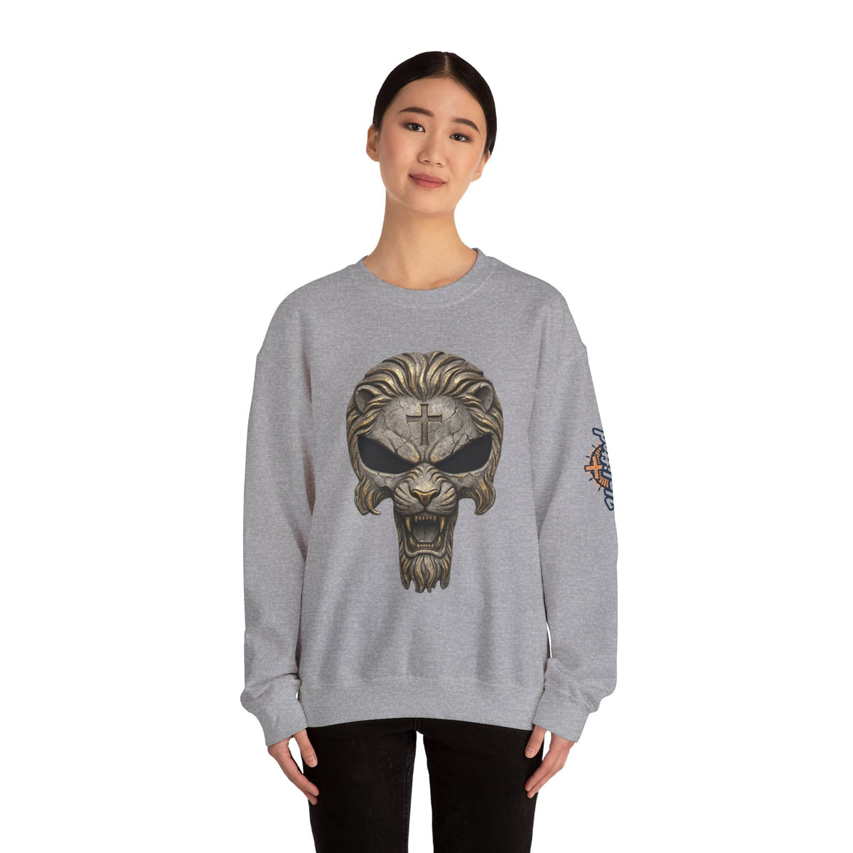 Lion of Judah Skull Christian Sweatshirt - Warrior Faith Cross Sweatshirt Printify