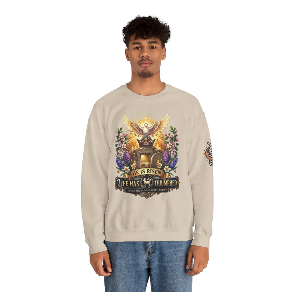 He Is Risen "Life Has Triumphed" Sweatshirt — Easter Resurrection Christian Sweatshirt Printify