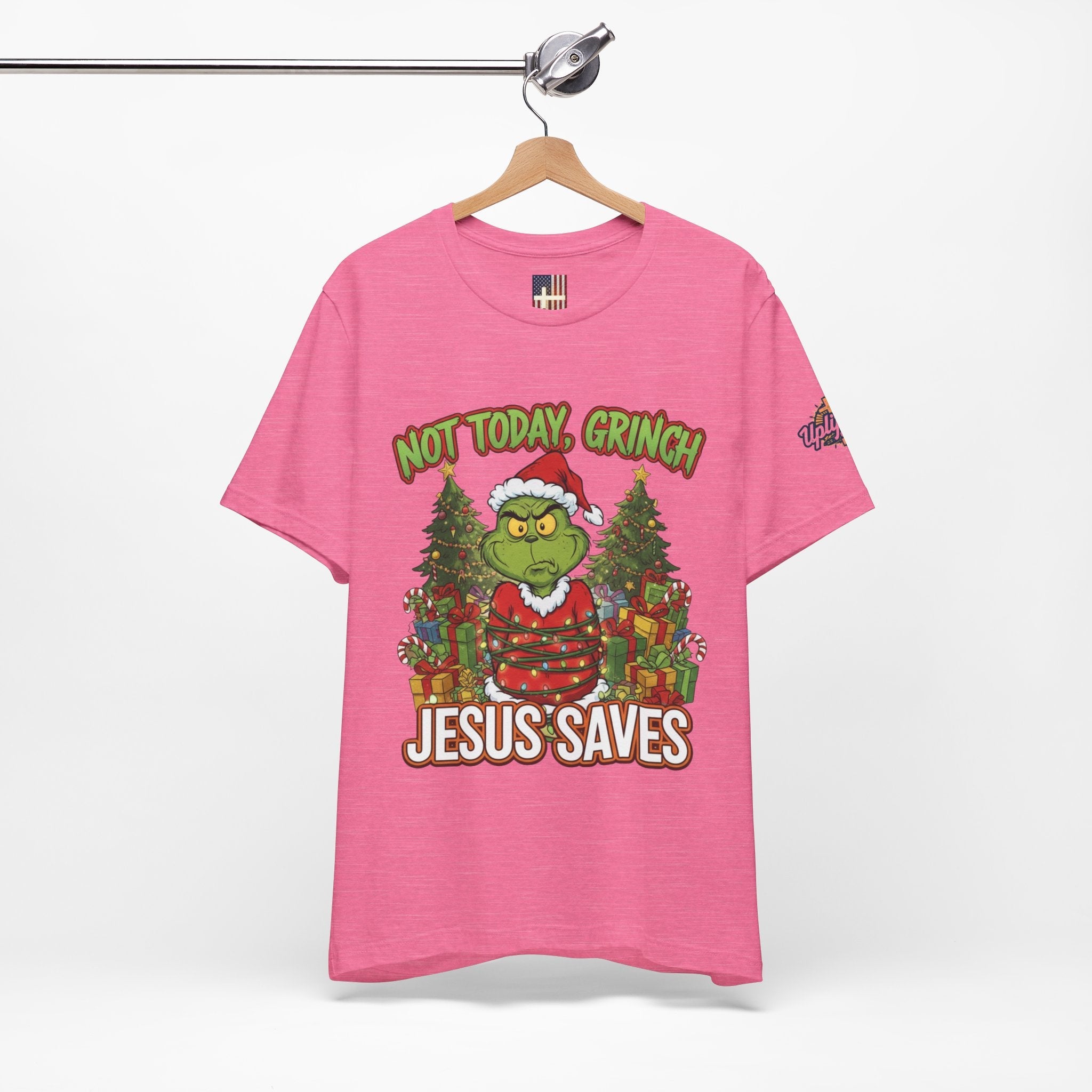 🎄 Not Today, Grinch – Jesus Saves | Funny Christian Christmas T-Shirt | Sulking Grinch & Glowing Cross | Bold Neon Faith Tee by Uplifted Gear Printify