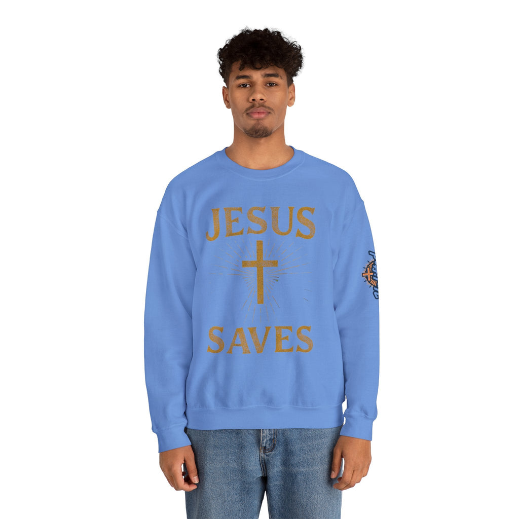 Jesus Saves Sweatshirt – Radiant Cross & Rays of Light Christian Sweatshirt for Eternal Hope & Faith Printify