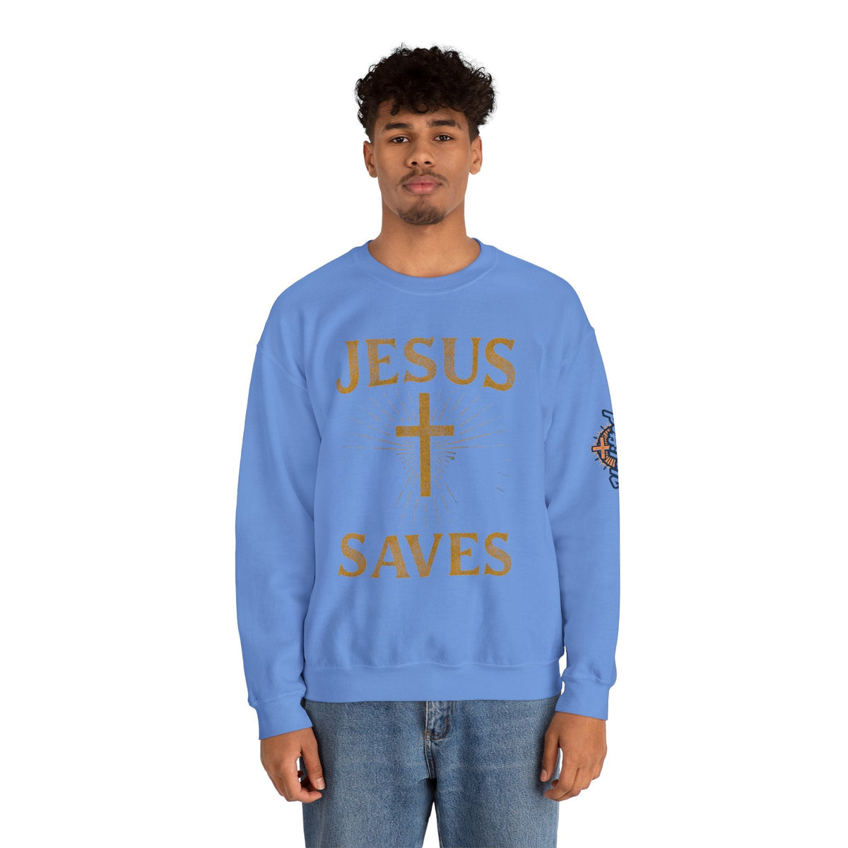 Jesus Saves Sweatshirt – Radiant Cross & Rays of Light Christian Sweatshirt for Eternal Hope & Faith Printify