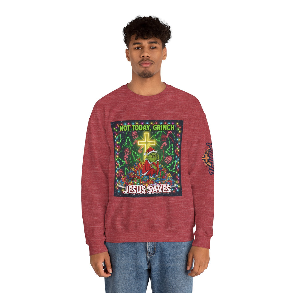 🎄 Not Today, Grinch – Jesus Saves | Funny Christian Christmas Sweatshirt | Festive Green & Red Cartoon Style | Bold Faith Holiday Tee by Uplifted Gear Printify