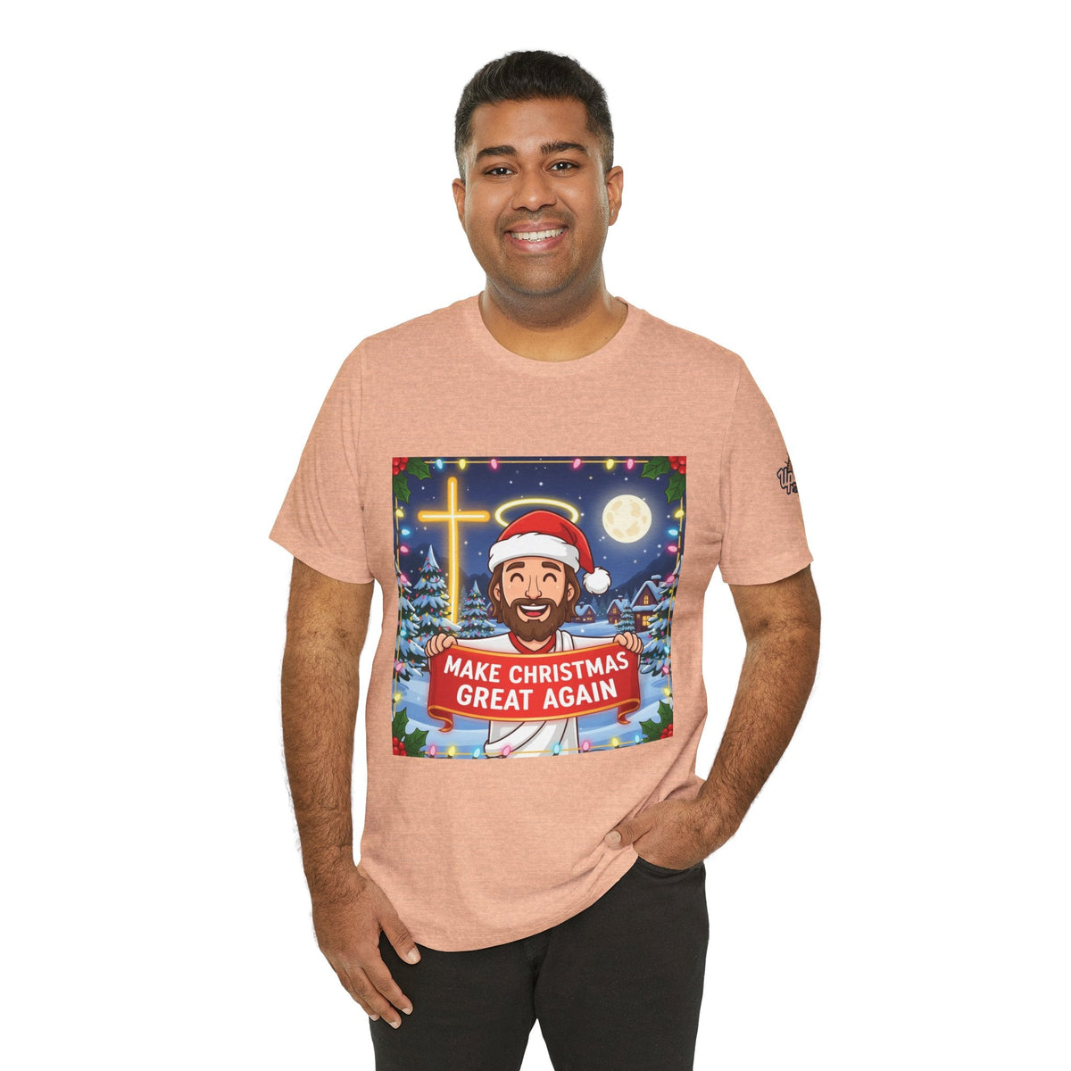 🎄 Make Christmas Great Again – Funny Christian T-Shirt | Jesus Holding Banner | Faith-Based Holiday Parody Tee | Uplifted Gear Printify