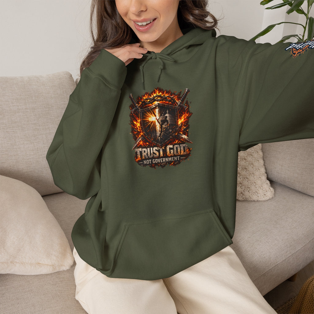 Trust God Not Government Shield Hoodie — Patriotic Christian Faith Hoodie Printify