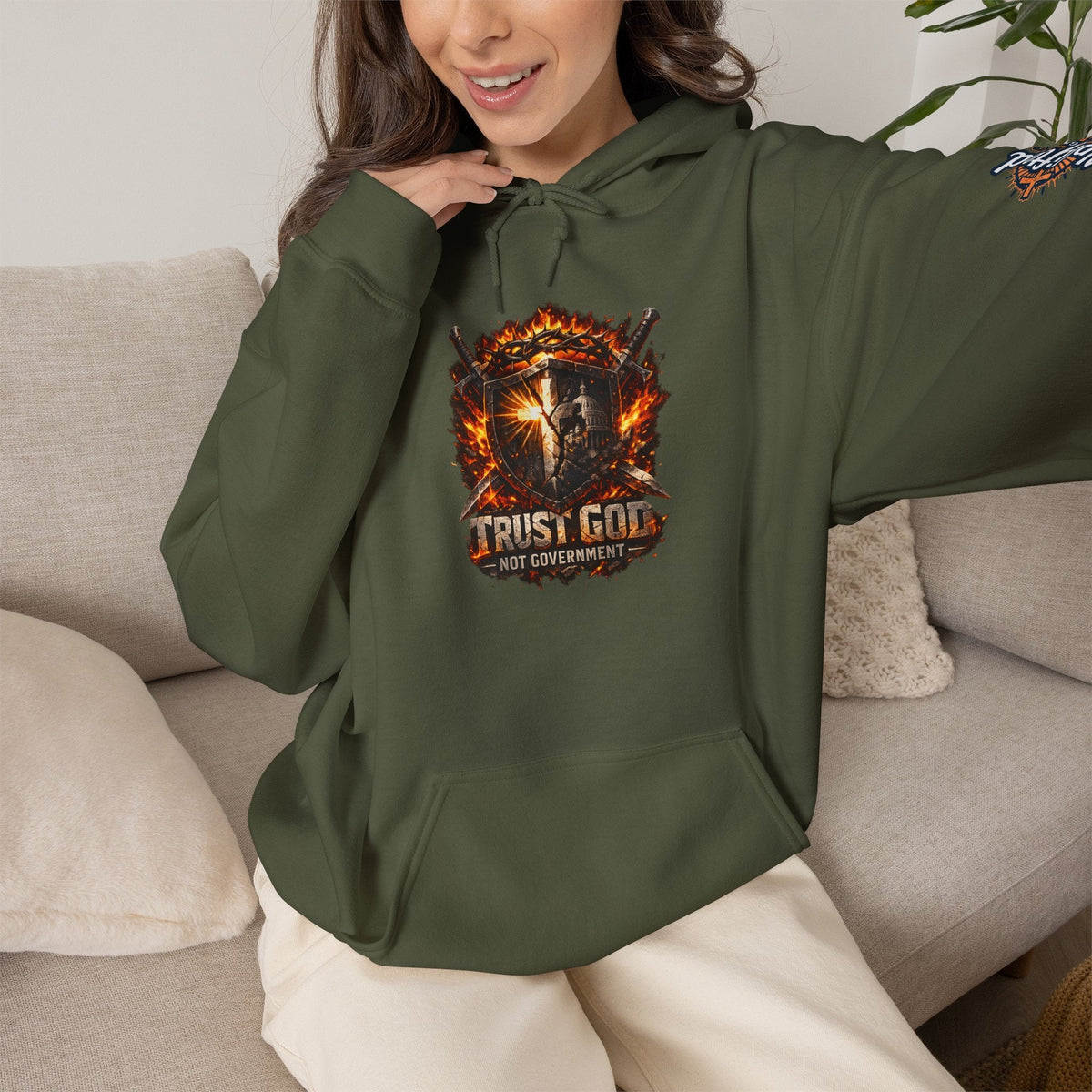 Trust God Not Government Shield Hoodie — Patriotic Christian Faith Hoodie Printify