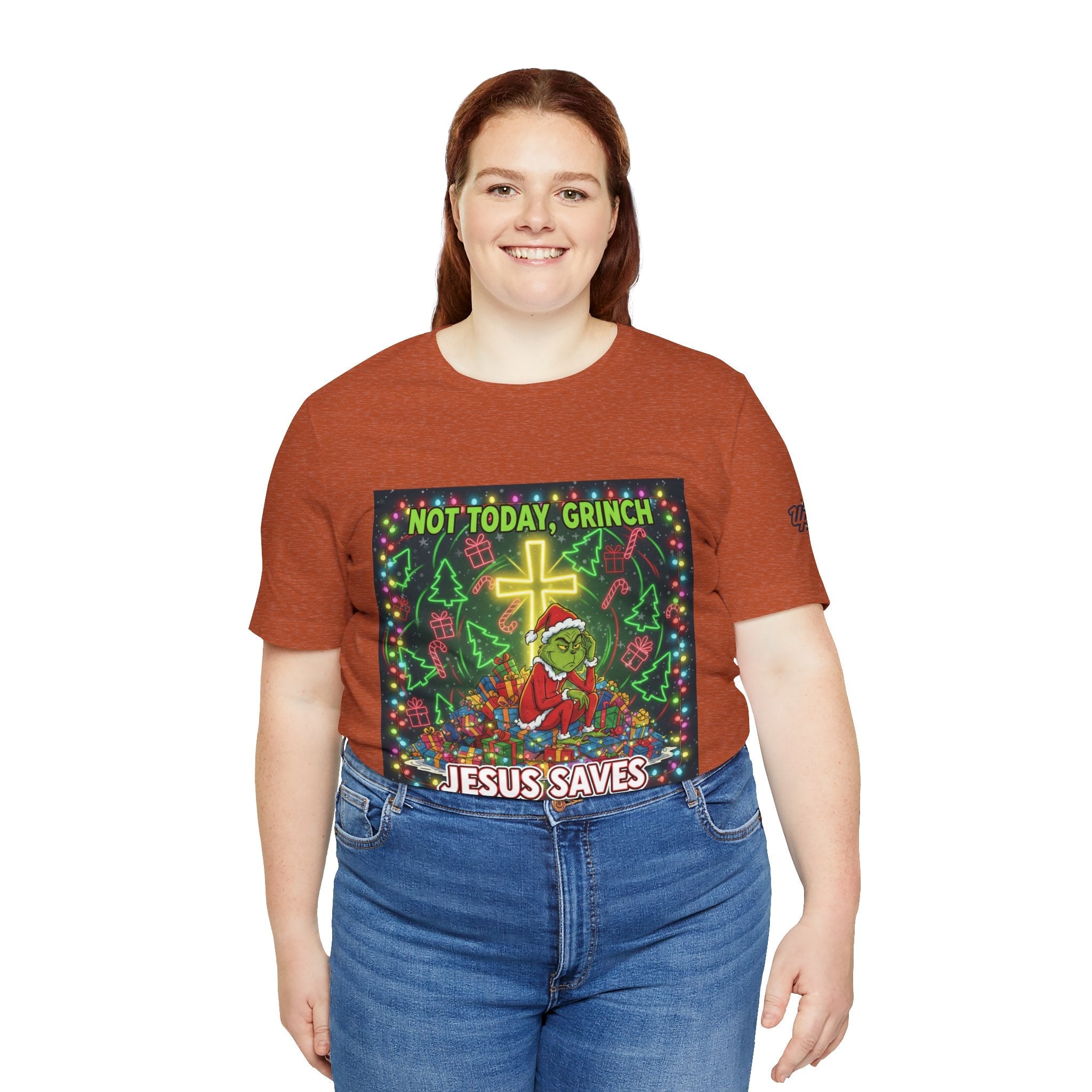 🎄 Not Today, Grinch – Jesus Saves | Funny Christian Christmas T-Shirt | Festive Green & Red Cartoon Style | Bold Faith Holiday Tee by Uplifted Gear Printify