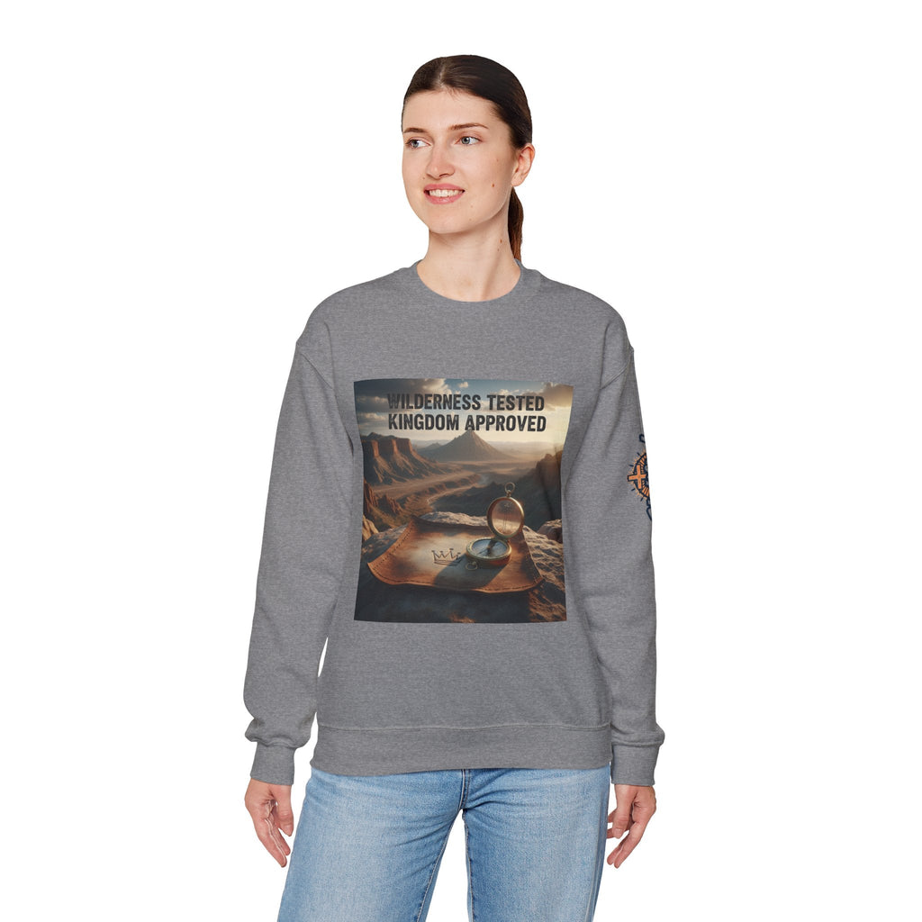 Wilderness Tested Kingdom Approved Sweatshirt – Mountain Desert Compass Crown Christian Sweatshirt for Biblical Adventure Faith Printify
