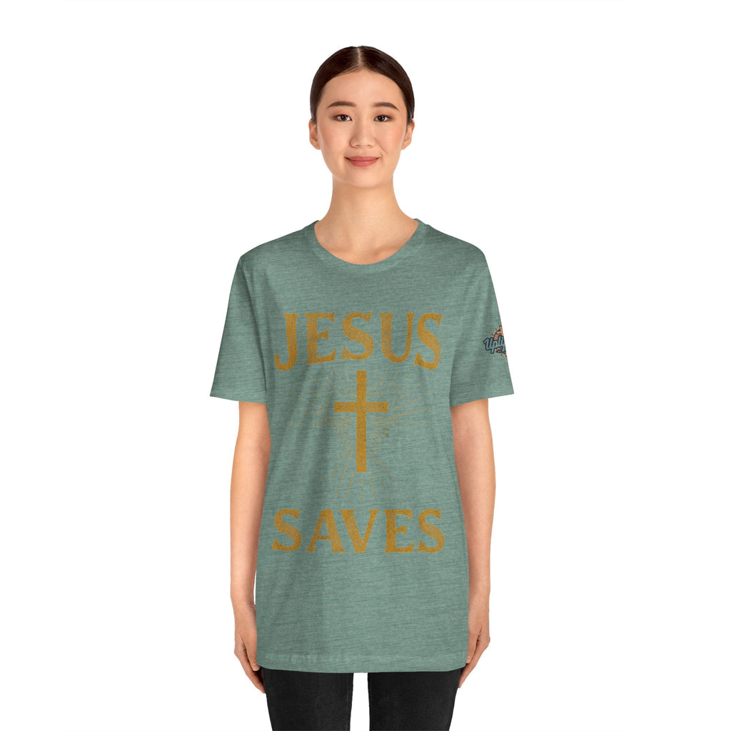 Jesus Saves T-shirt – Radiant Cross & Rays of Light Christian T-shirt for Eternal Hope & Faith Printify
