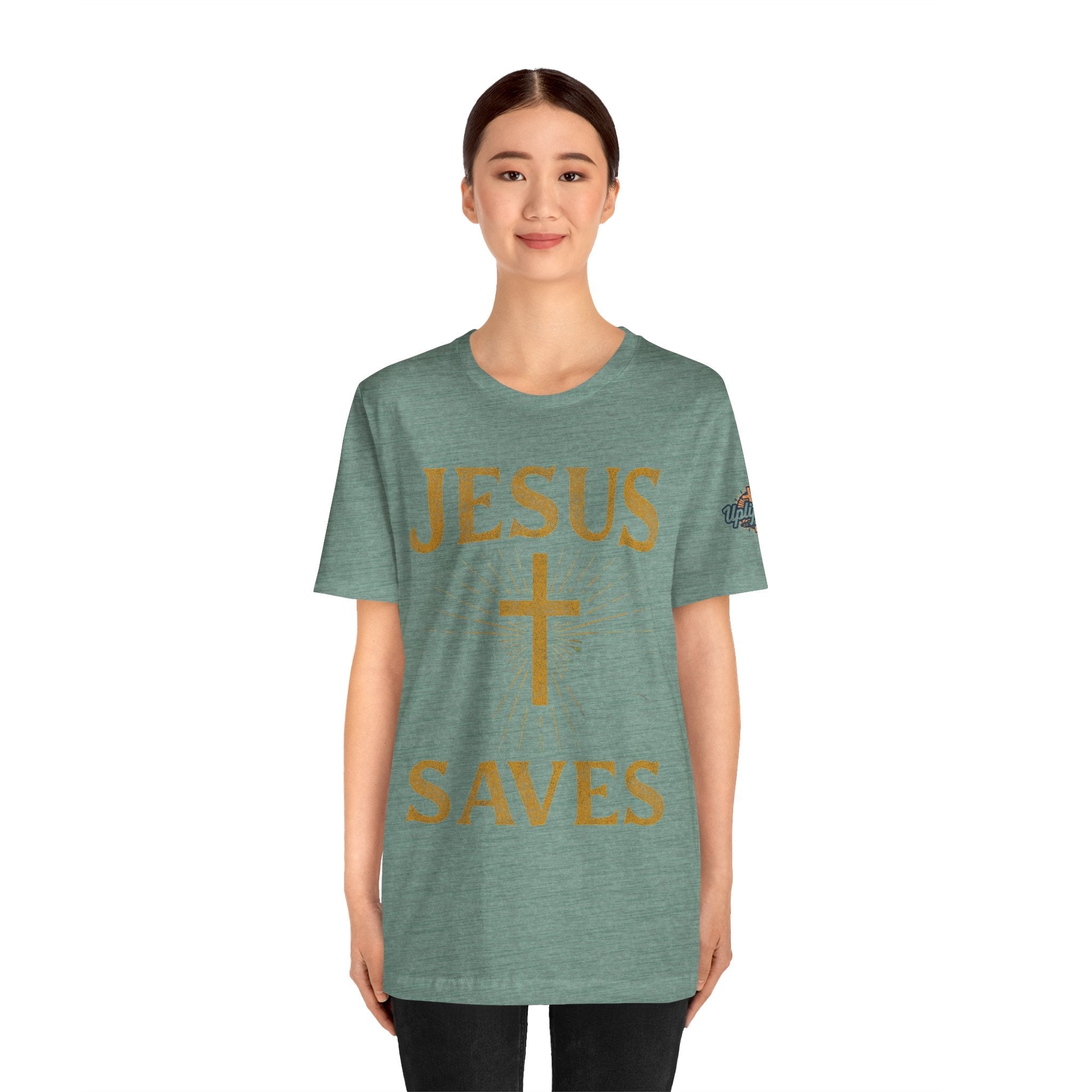 Jesus Saves T-shirt – Radiant Cross & Rays of Light Christian T-shirt for Eternal Hope & Faith Printify