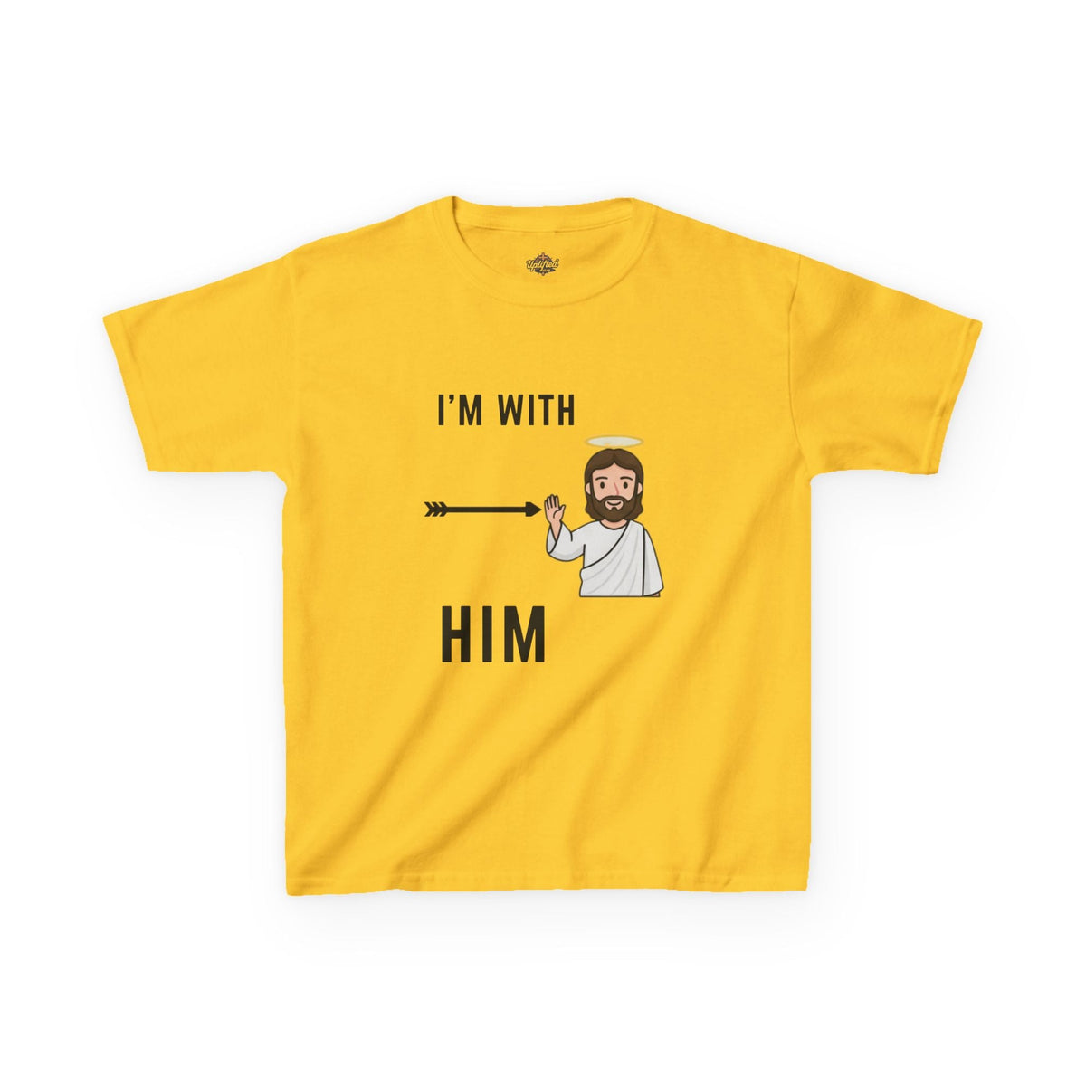 🔥 I’m With Him → Christian Kids T-Shirt | Arrow Pointing to Jesus | Minimalist Faith Tee | Subtle Cross Design | Bible-Inspired Apparel by Uplifted Gear Printify