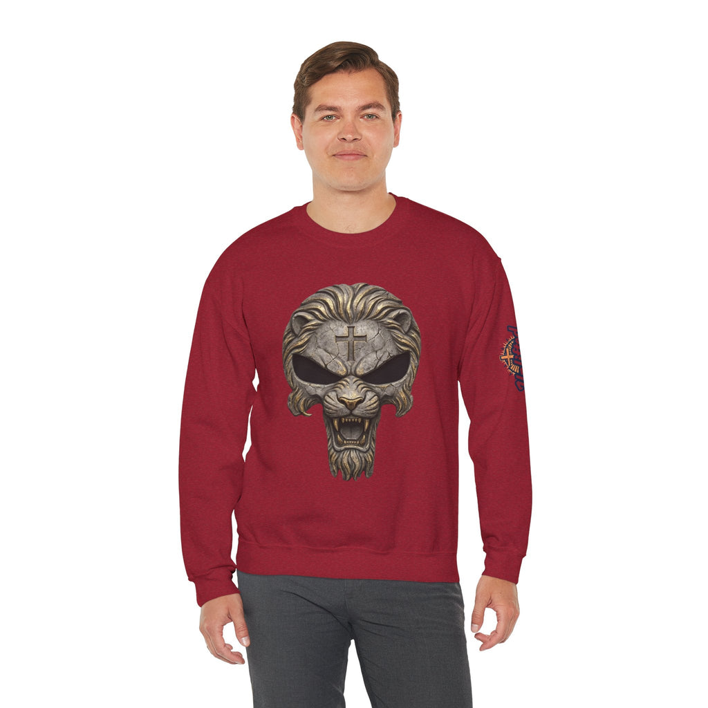 Lion of Judah Skull Christian Sweatshirt - Warrior Faith Cross Sweatshirt Printify