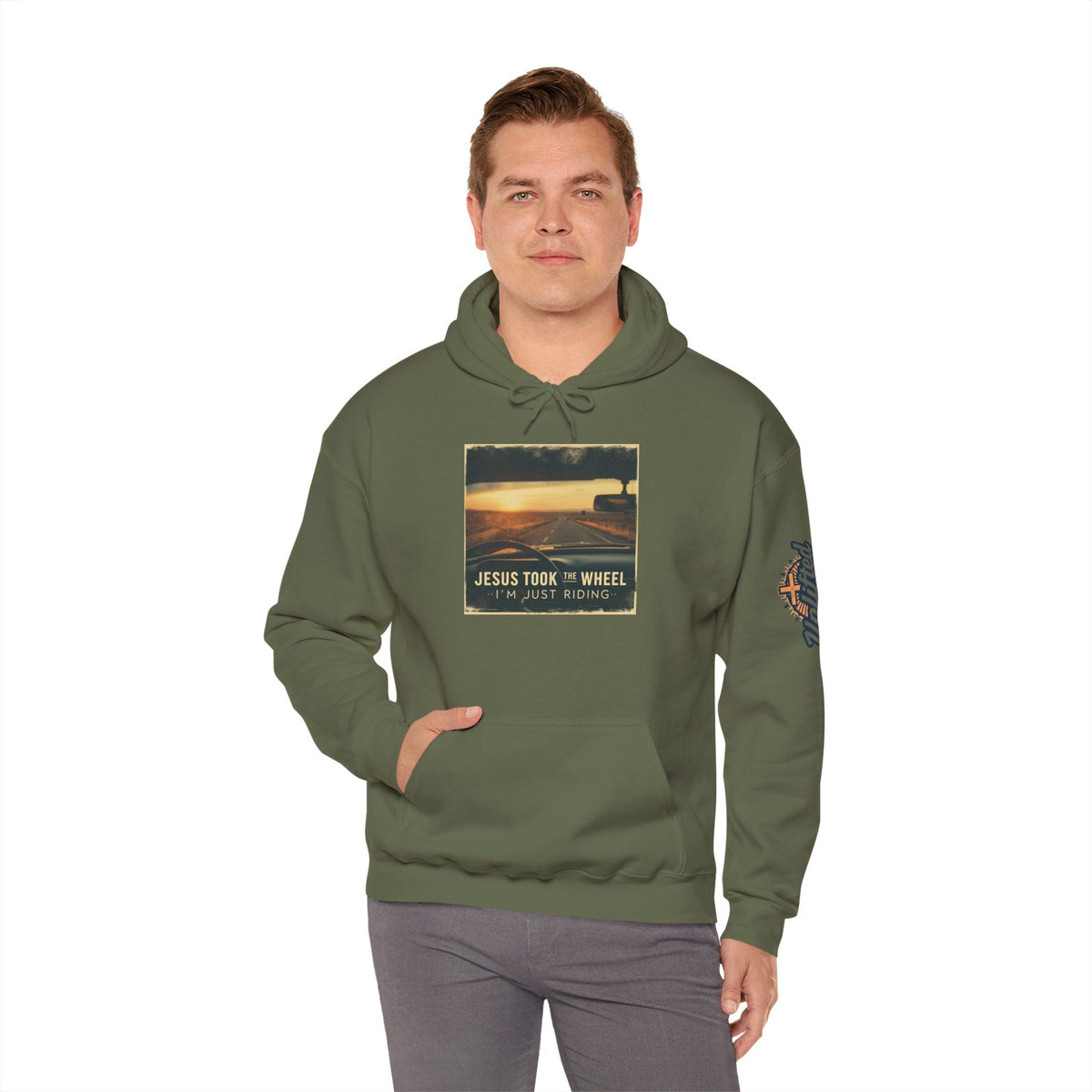 Jesus Took the Wheel I'm Just Riding Hoodie – Funny Christian Convertible Car Sweatshirt for Surrendered Faith & Humor Printify