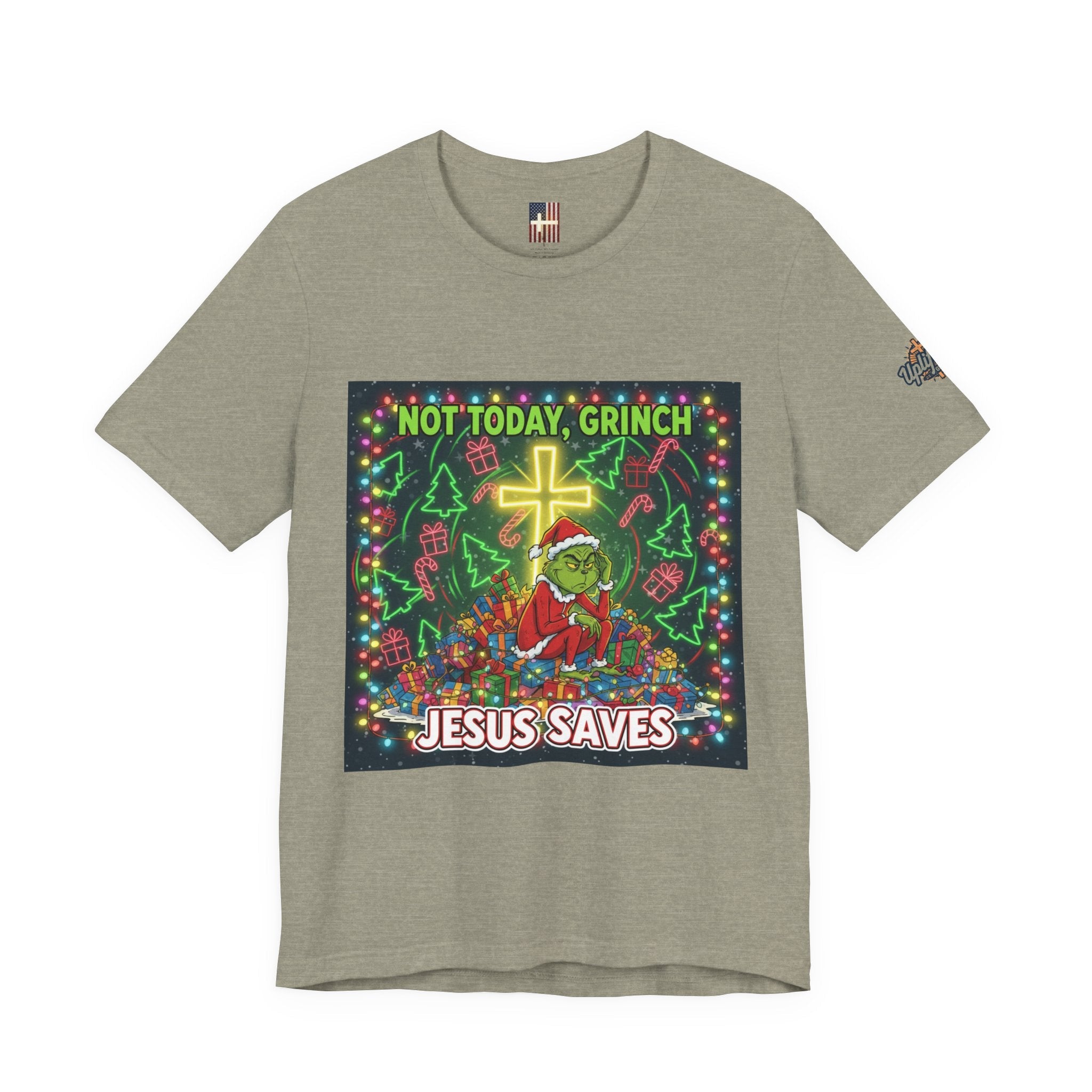 🎄 Not Today, Grinch – Jesus Saves | Funny Christian Christmas T-Shirt | Festive Green & Red Cartoon Style | Bold Faith Holiday Tee by Uplifted Gear Printify