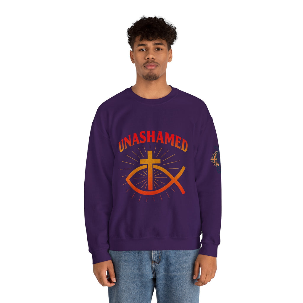 Unashamed Sweatshirt – Ichthys Jesus Fish & Cross Christian Sweatshirt for Romans 1:16 Bold Faith Printify