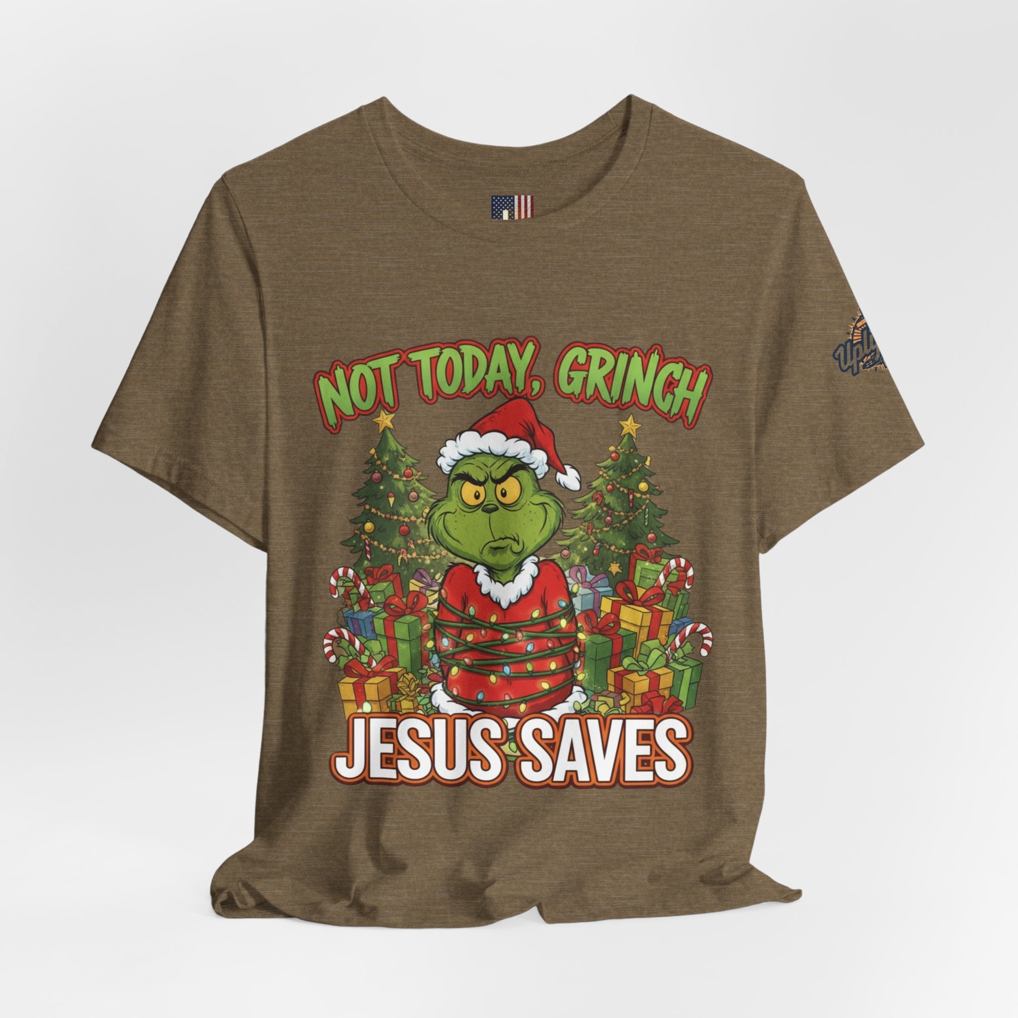 🎄 Not Today, Grinch – Jesus Saves | Funny Christian Christmas T-Shirt | Sulking Grinch & Glowing Cross | Bold Neon Faith Tee by Uplifted Gear Printify