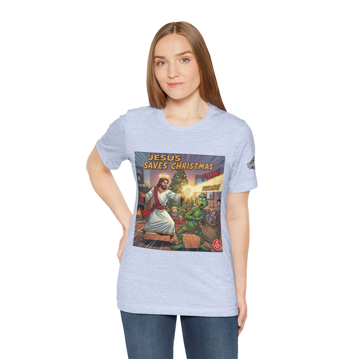 Jesus Saves Christmas T-shirt – Grinch vs Savior Light Battle Christian T-shirt for Hilarious Holiday Faith & True Joy Printify