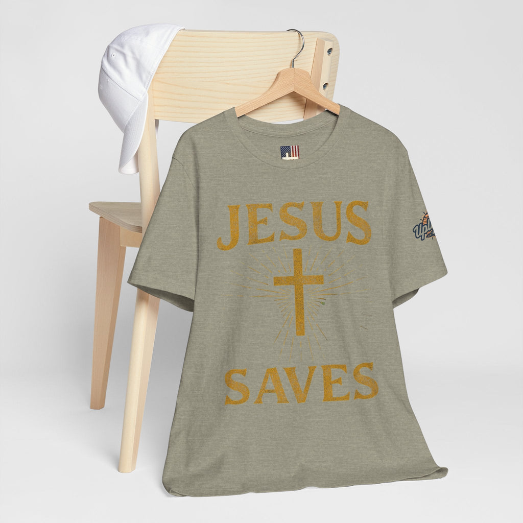 Jesus Saves T-shirt – Radiant Cross & Rays of Light Christian T-shirt for Eternal Hope & Faith Printify