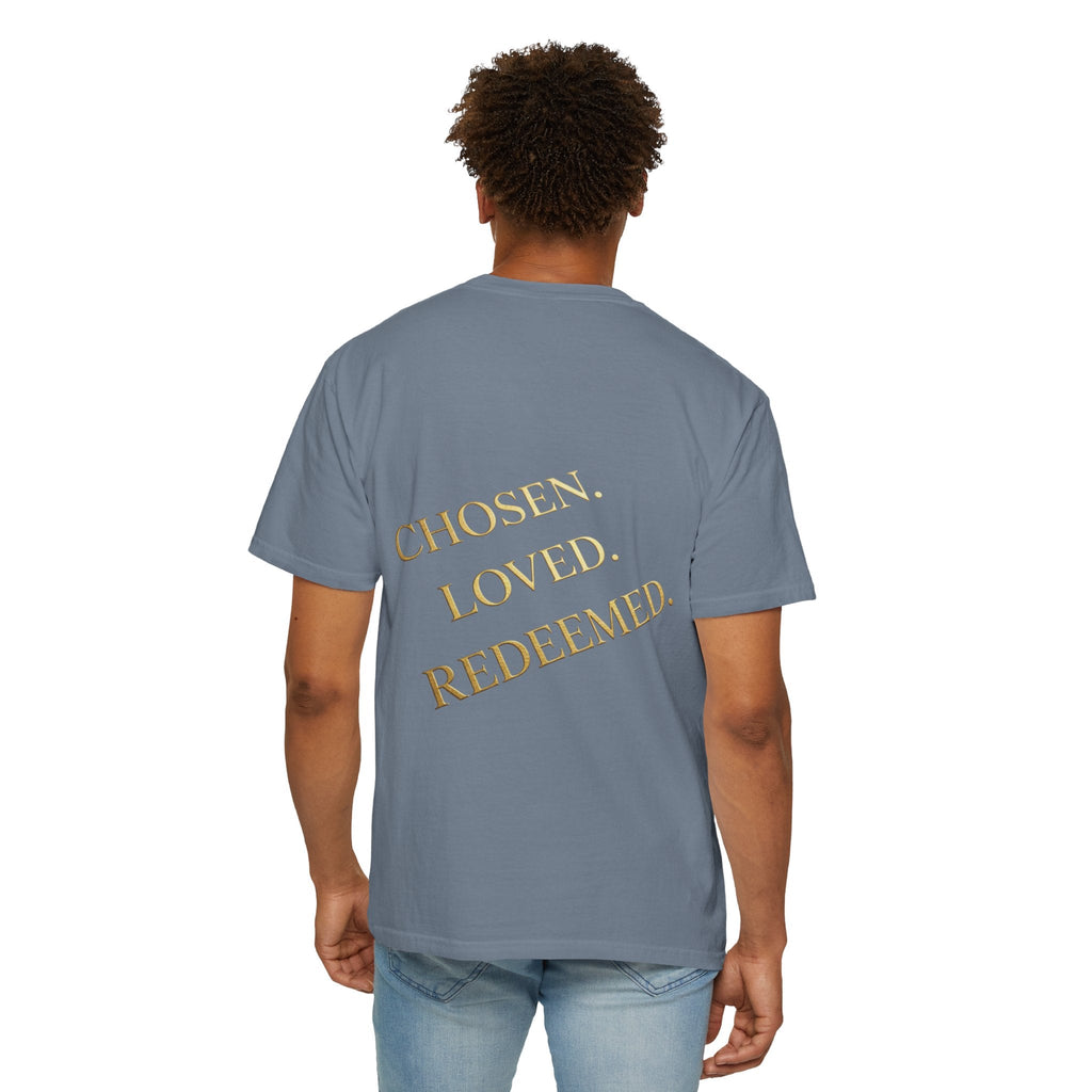 ✨ Chosen. Loved. Redeemed. – Elegant Christian T-Shirt | Gold Foil Faith Tee | Subtle Cross & Heart Design | Inspirational Bible Verse Apparel by Uplifted Gear Printify