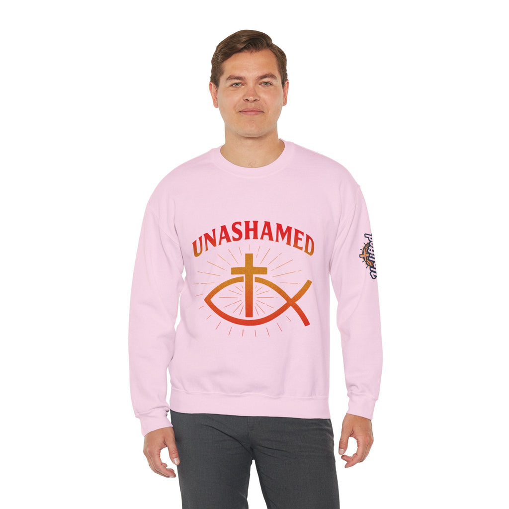 Unashamed Sweatshirt – Ichthys Jesus Fish & Cross Christian Sweatshirt for Romans 1:16 Bold Faith Printify