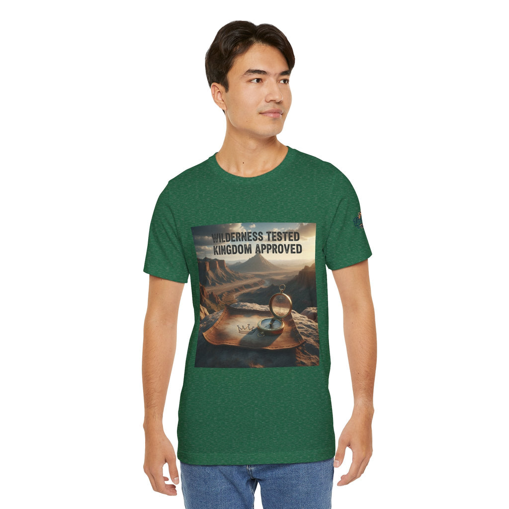 Wilderness Tested Kingdom Approved T-shirt – Mountain Desert Compass Crown Christian T-shirt for Biblical Adventure Faith Printify