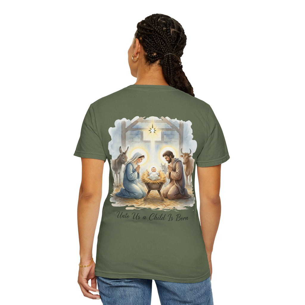 Unto Us a Child is Born T-shirt – Isaiah 9:6 Nativity Manger Scene Christian Christmas T-shirt for Holy Night Faith Printify