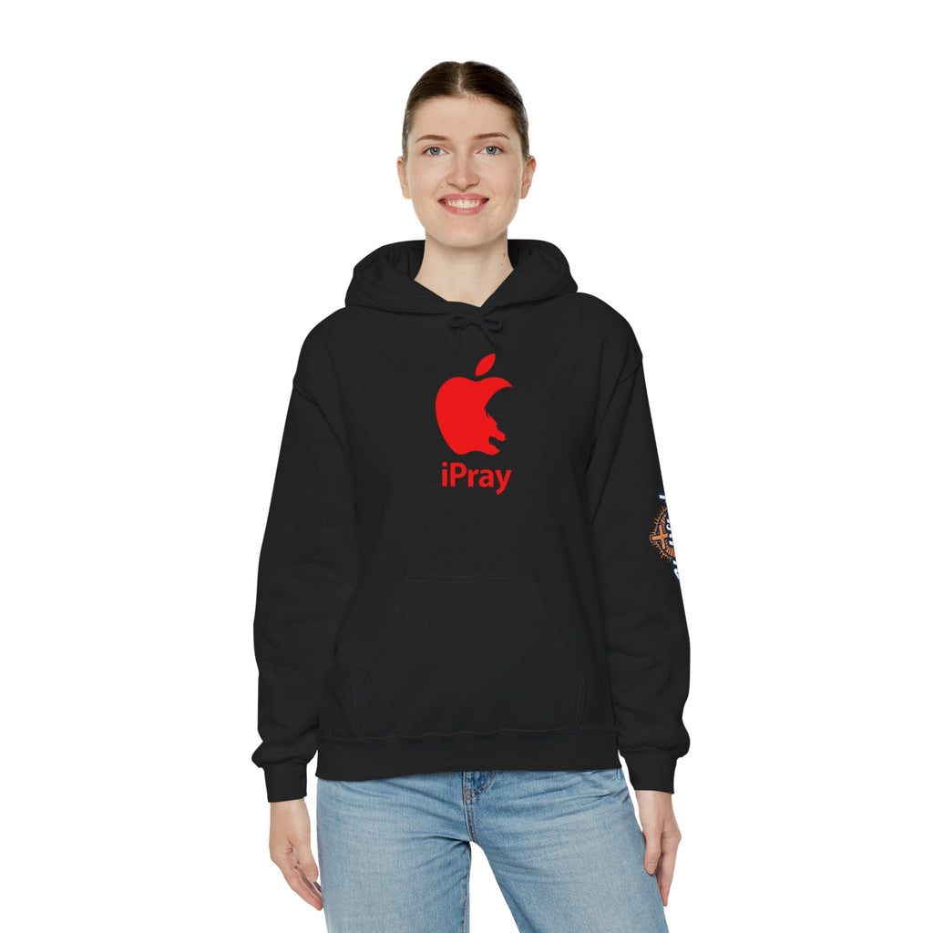 iPray Apple Logo Hoodie — Funny Christian Hoodie (Minimal Red Apple Graphic) Printify