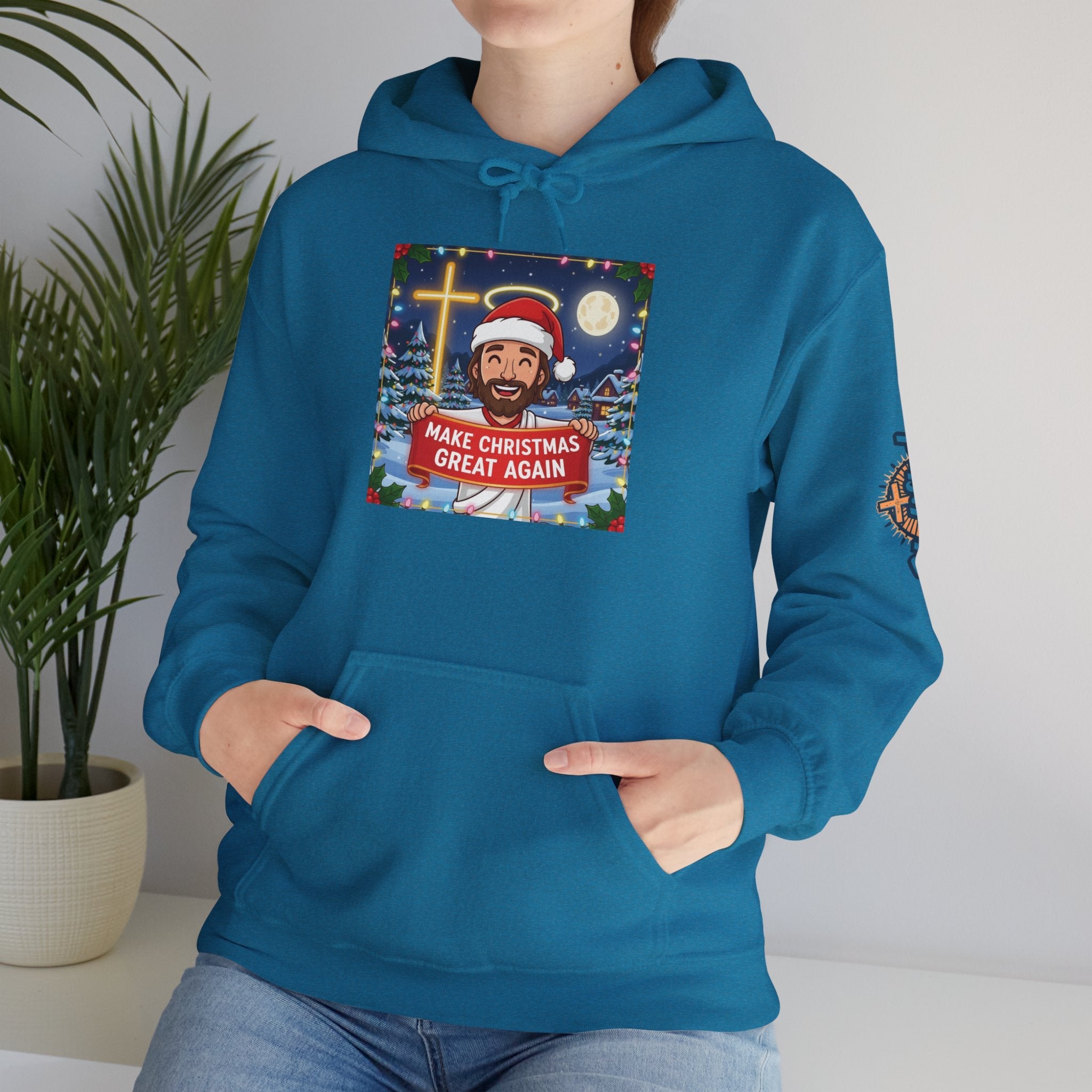 🎄 Make Christmas Great Again – Funny Christian Hoodie | Jesus Holding Banner | Faith-Based Holiday Parody Tee | Uplifted Gear Printify